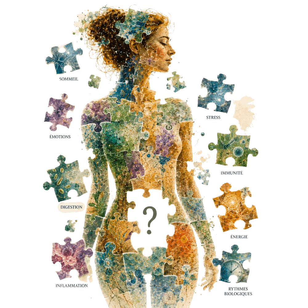 Silhouette humaine en aquarelle entourée d'un puzzle éclaté (digestion, immunité, inflammation, énergie, émotions, sommeil, microbiote, rythmes biologiques, stress), avec une pièce manquante au centre
