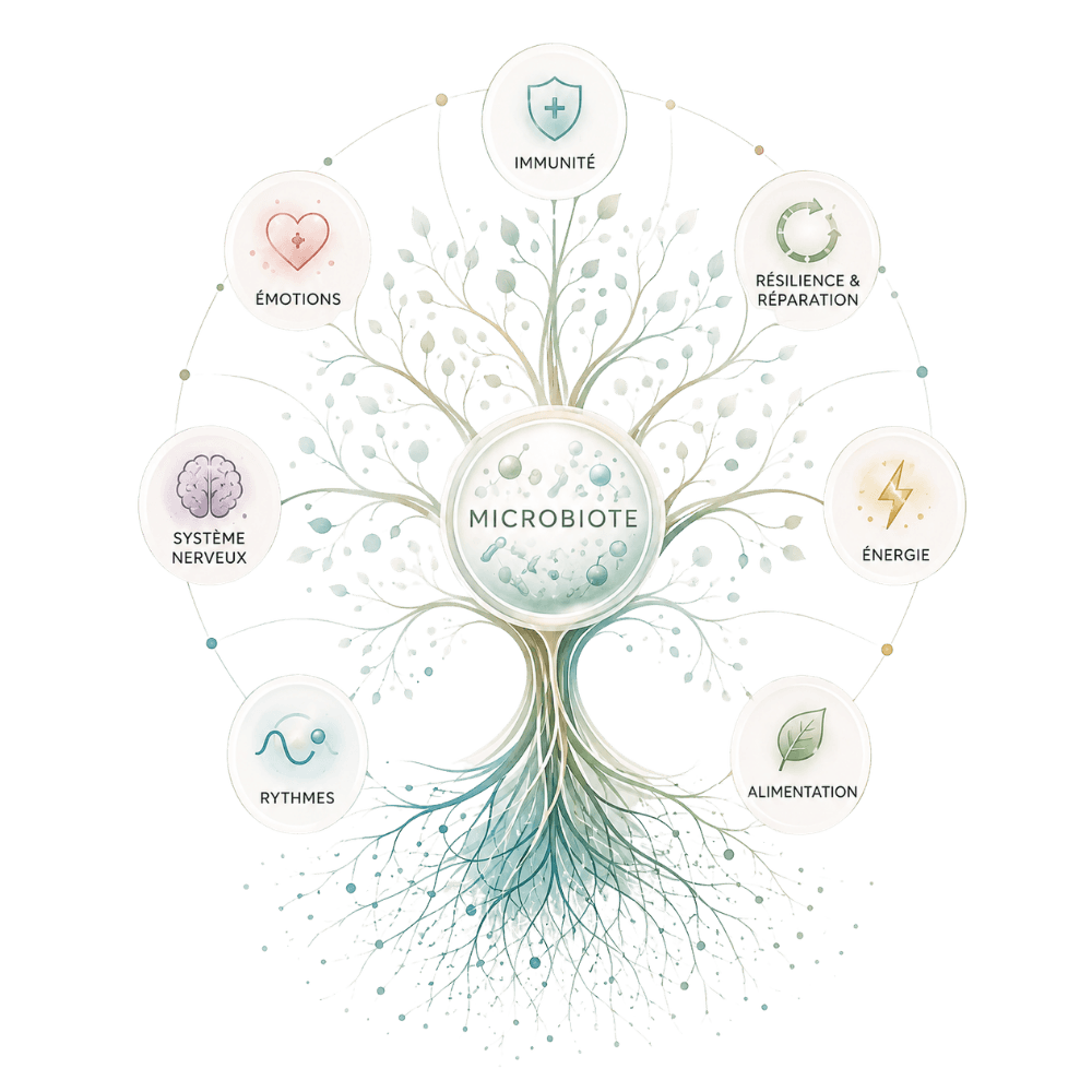 Arbre du vivant illustrant les interactions permanentes du microbiote avec l'alimentation, l'immunité, l'inflammation, les rythmes biologiques, l'environnement, le système nerveux et l'histoire même du vivant